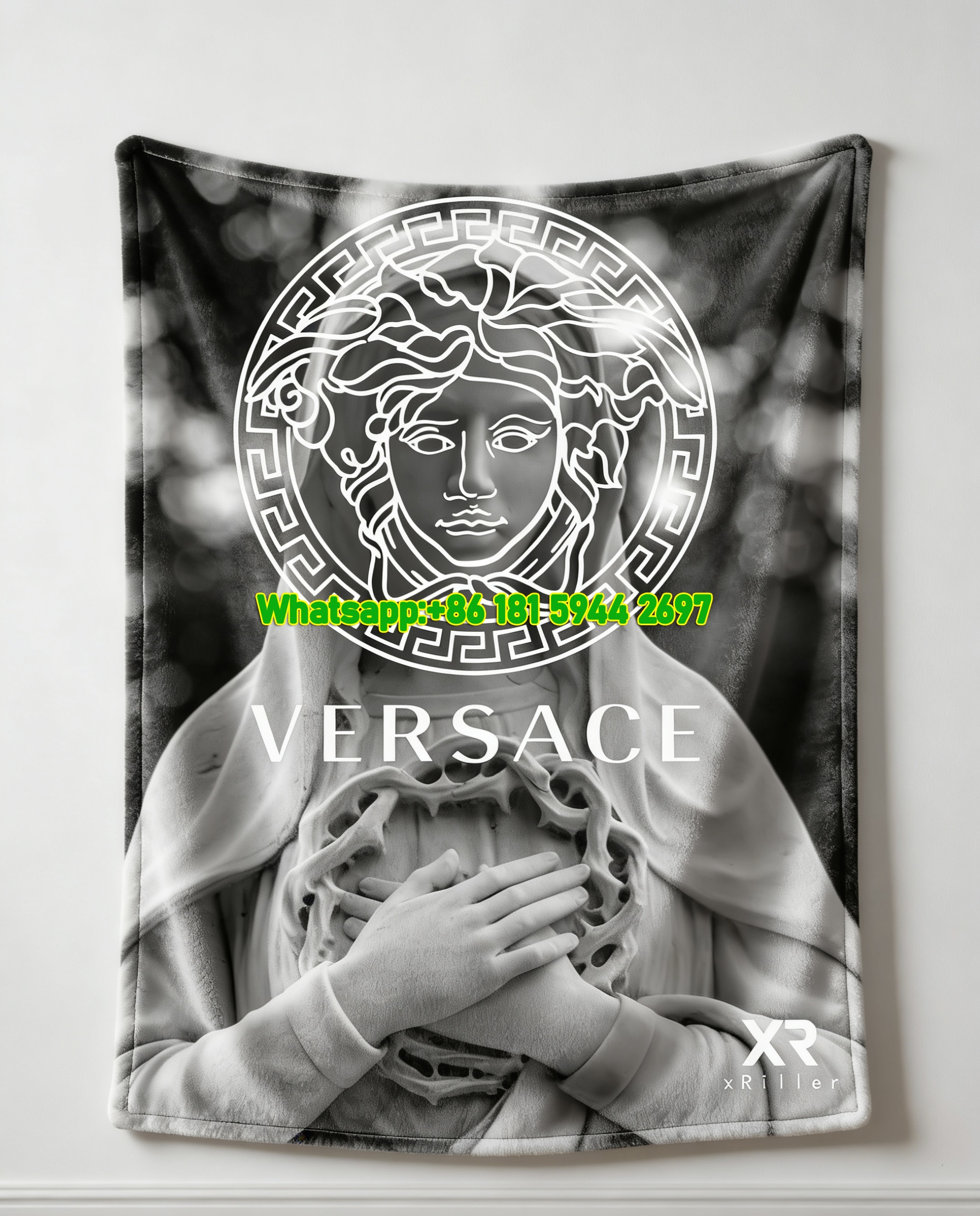 Versace Black and White Medusa Logo Statue Print Flannel Sofa Throw Blanket IMG_1403